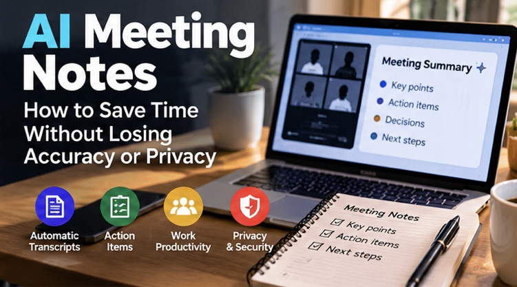 AI meeting notes on a laptop showing meeting summaries, key points, action items and privacy features