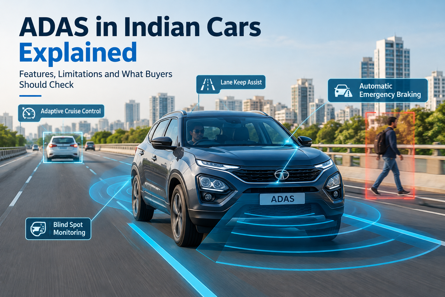 ADAS in Indian cars infographic showing lane keeping assist, adaptive cruise control, emergency braking and blind spot monitoring