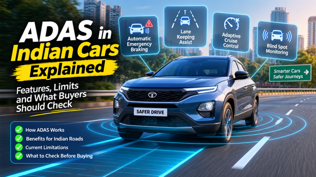 Modern SUV with advanced driver assistance system radar and lane guidance graphics on an Indian road