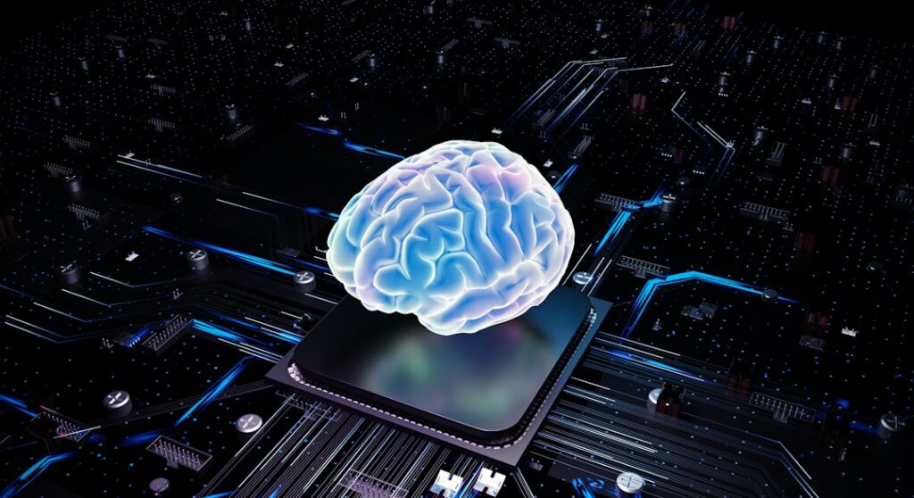 Artificial intelligence concept visual with a digital brain and processor, illustrating smartphone AI processing