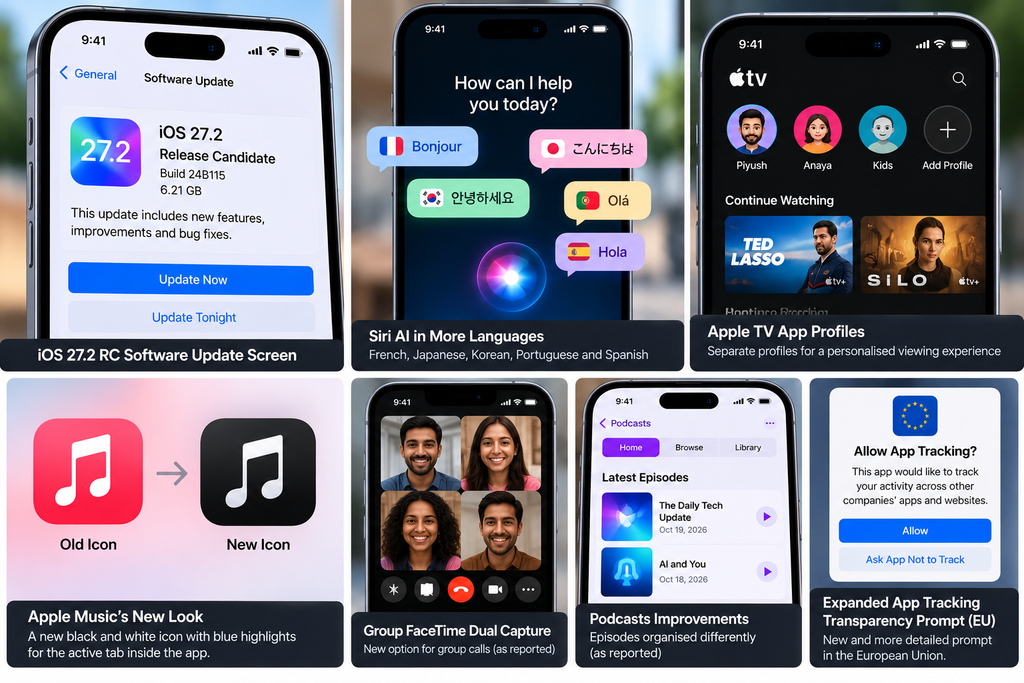 Illustration of reported iOS 27.2 features including Siri, Apple TV profiles, Apple Music and FaceTime